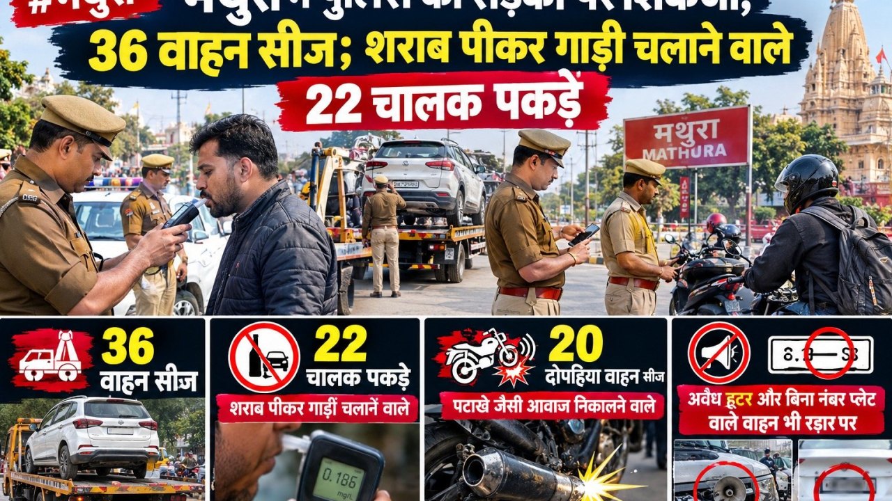 मथुरा में पुलिस का सड़कों पर शिकंजा, 36 वाहन सीज; शराब पीकर गाड़ी चलाने वाले 22 चालक पकड़े