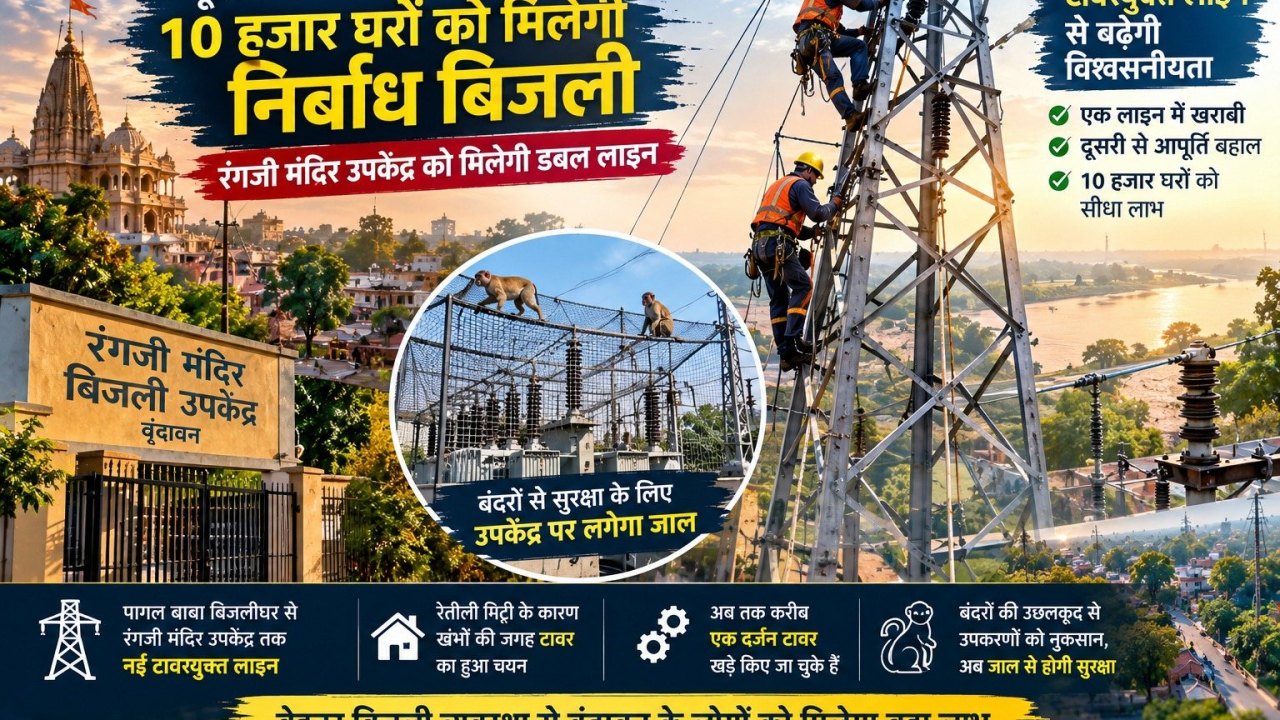वृंदावन में 10 हजार घरों को मिलेगी निर्बाध बिजली, रंगजी मंदिर उपकेंद्र को मिलेगी डबल लाइन